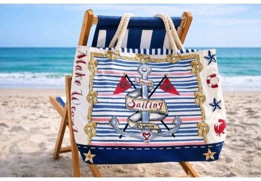 Brighton Boardwalk Sail Into Summer Canvas Tote Bag Nautical Stripe Beach Travel